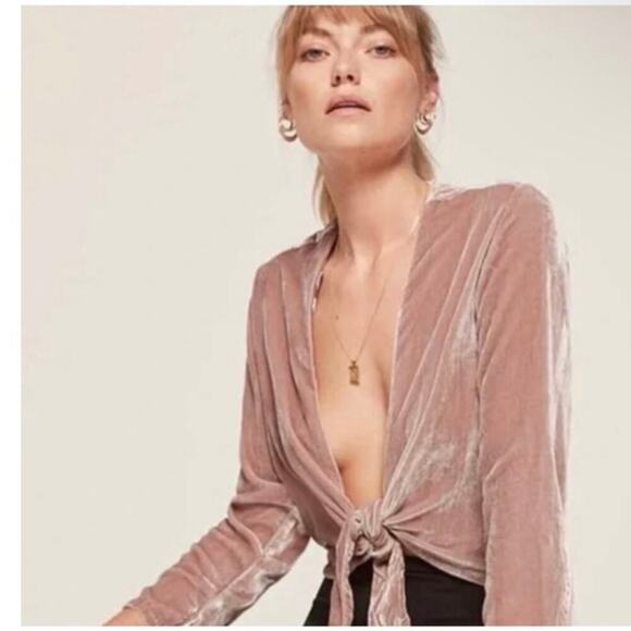 Reformation Women's Fez Velvet Dusty Rose Mauve Tie Front Crop Top Long Sleeve M - Picture 7 of 9